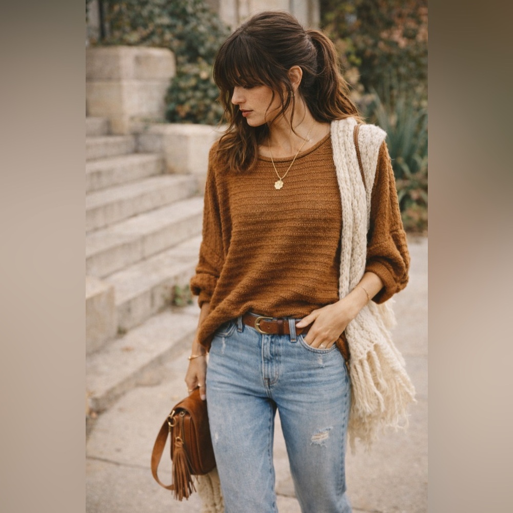 🍂 Time and Tru Textured Knit Sweater – Cozy Earthy Brown